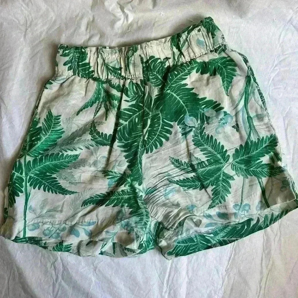 H&M High Waist Shorts S Womens Tropical Print Linen Blend Green Cream Pockets